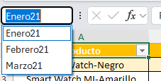 cuadro de nombres con lista desplegable de rangos con nombre en Excel