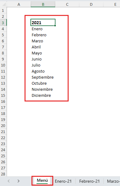 ficha de menú en Excel con lista de meses para el menú interactivo