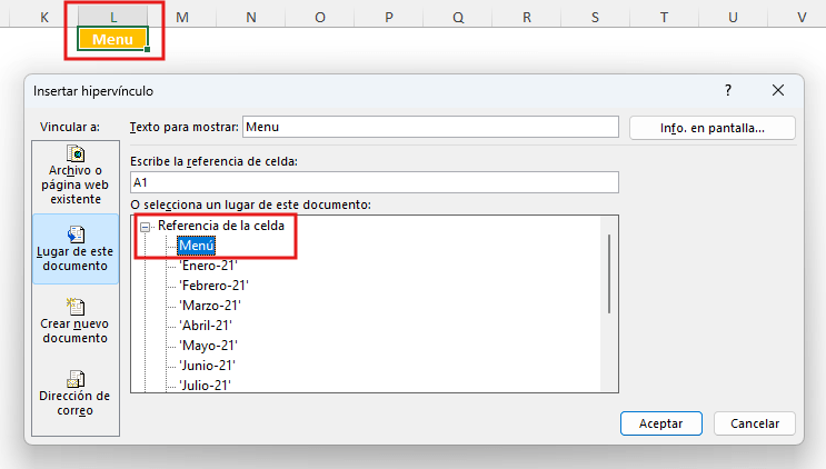 botón de menu en Excel