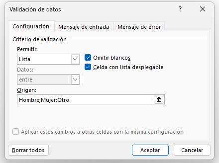 configurar lista desplegable en validación de datos Excel