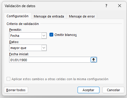 validación de fecha en Excel para columna de fecha de nacimiento