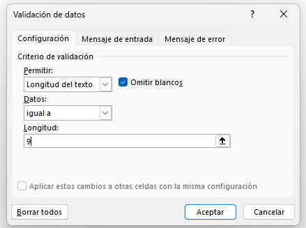 validación de longitud de texto en Excel para campo DNI