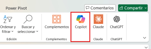 captura de la ficha Inicio de Excel con el botón Copilot visible a la derecha
