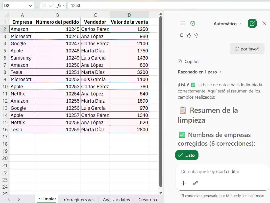 base de datos de Excel limpiada por Copilot con nombres de empresas y valores numéricos corregidos

