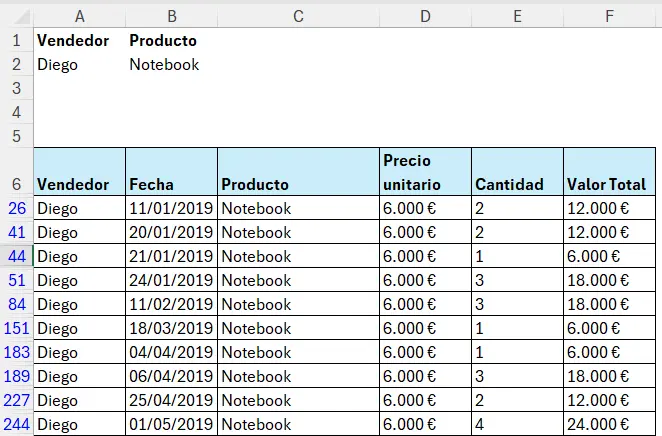 Filtro con 2 criterios mostrando la tabla con las ventas de notebooks de Diego
