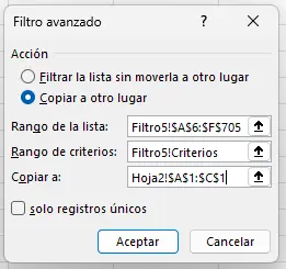 Filtro avanzado copiando columnas específicas
