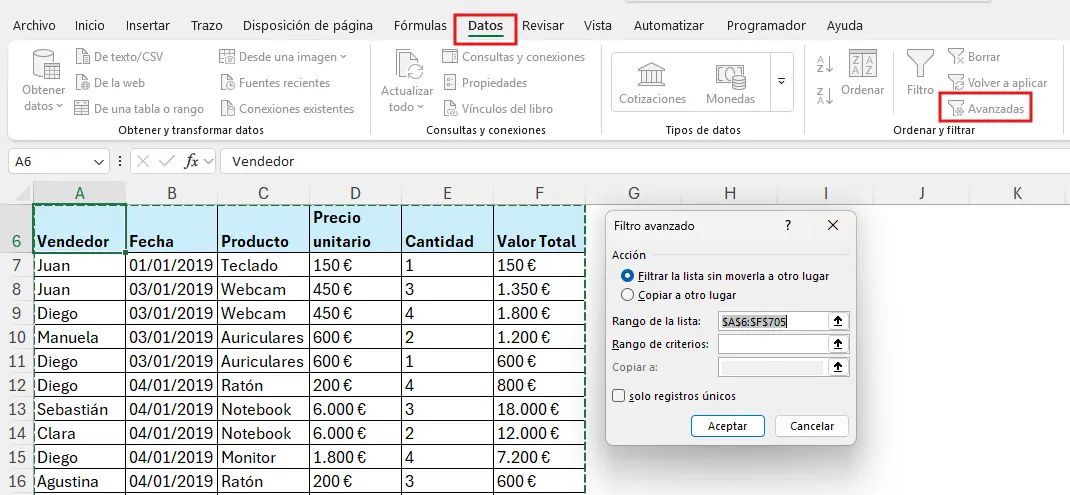 Cómo aplicar el filtro avanzado paso a paso
