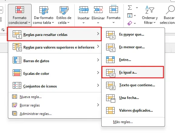 Reglas para resaltar celdas en Excel
