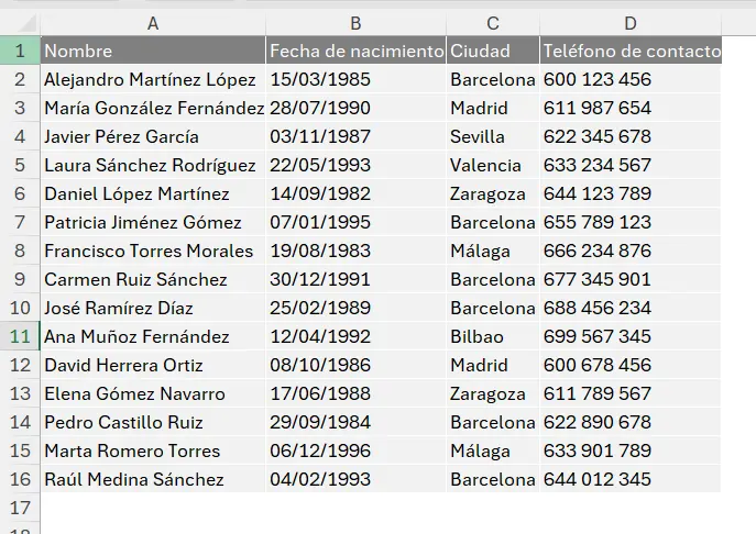 Tabla en Excel sin formato condicional aplicado a la columna Ciudad