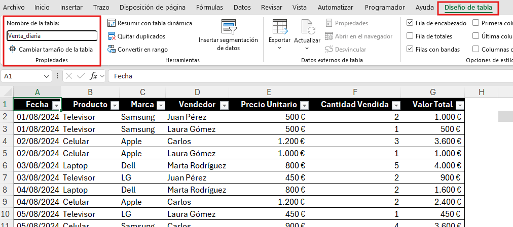 captura de la ficha Diseño de tabla con el grupo Propiedades destacando el campo "Nombre de la tabla"
