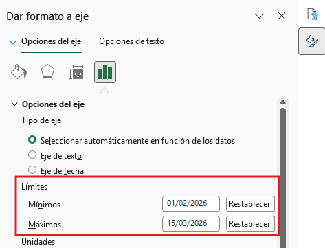 límites mínimo y máximo en opciones del eje
