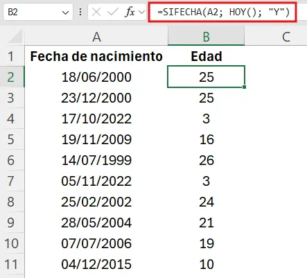 captura de la columna Edad calculada con SIFECHA y HOY para varias personas
