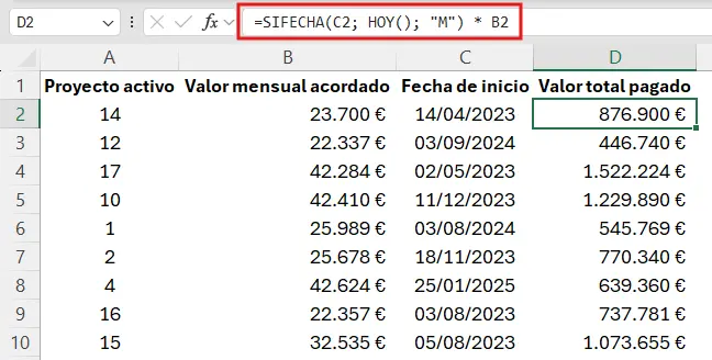 captura de la tabla de proyectos activos con la fórmula aplicada y el valor total calculado
