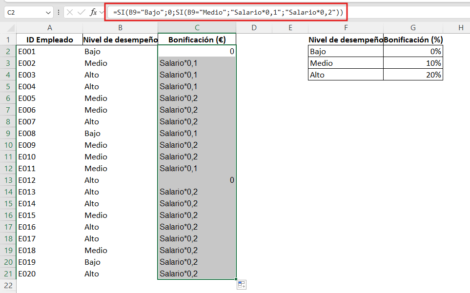 función SI anidada en Excel con tres condiciones
