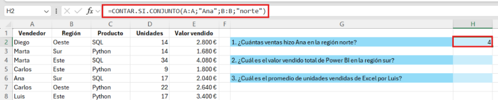 ejemplo de CONTAR.SI.CONJUNTO en Excel con dos criterios