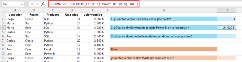 cómo usar SUMAR.SI.CONJUNTO en Excel con dos condiciones
