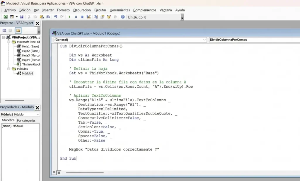 editor de VBA con el módulo insertado y el código pegado
