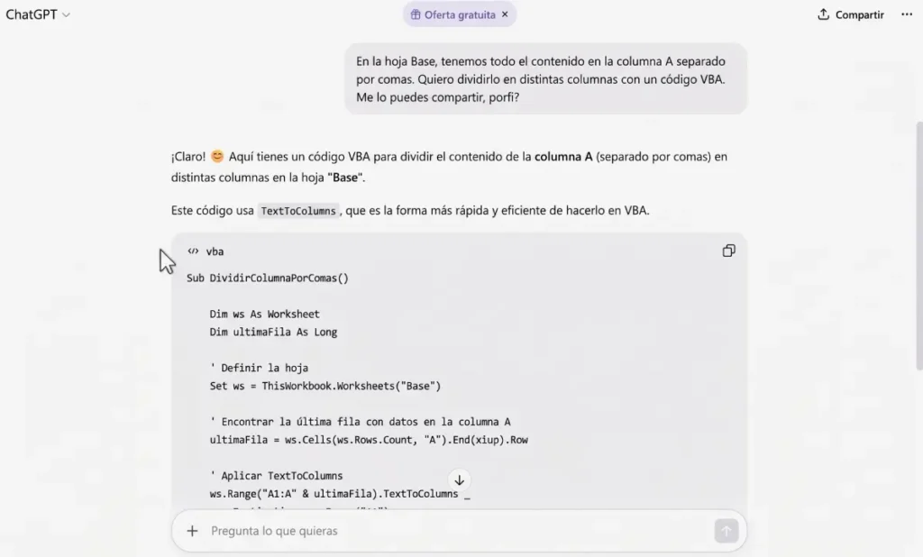 ventana de ChatGPT con el prompt que describe la hoja Base
