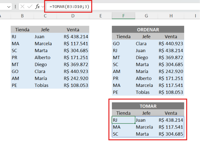 Función TOMAR en Excel extrayendo las tres primeras filas de una matriz
