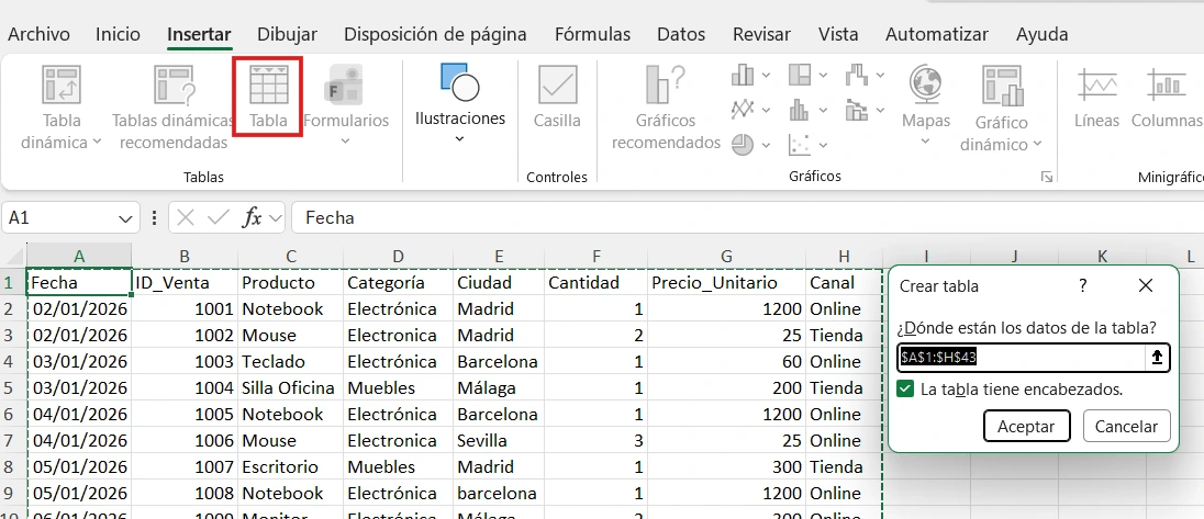 cuadro de diálogo "Crear tabla" con el rango A1:H43 y la casilla de encabezados marcada

