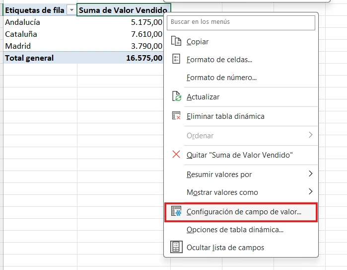 Configuración de campo de valor en Excel
