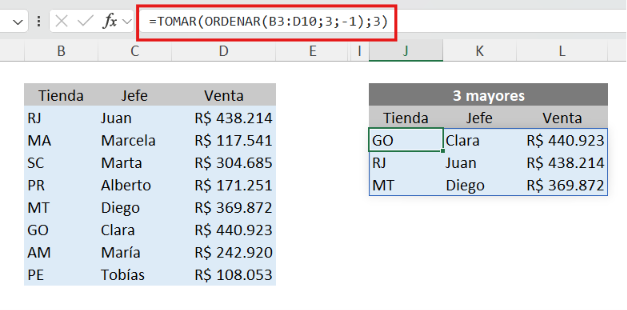 Cómo crear un ranking en Excel con el top 3 de mayores ventas usando ORDENAR y TOMAR

