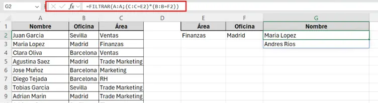 fórmula FILTRAR aplicada y el resultado con los nombres Maria Lopez y Andres Rios