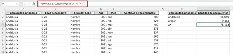 uso del asterisco como comodín A* en SUMAR.SI.CONJUNTO en Excel