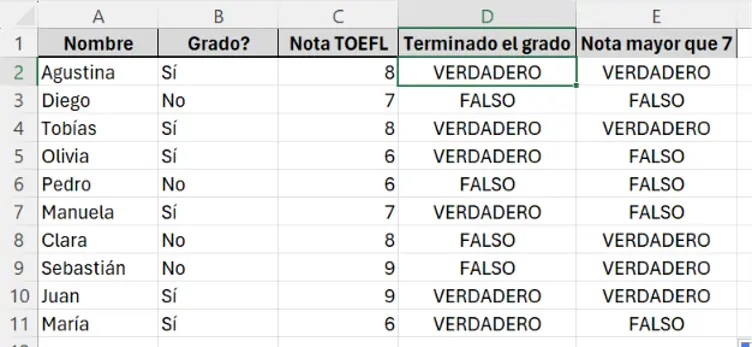las dos columnas auxiliares con VERDADERO/FALSO para Grado y Nota TOEFL