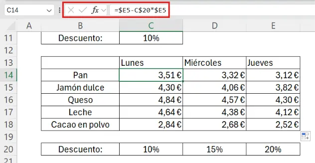 tabla cruzada de descuentos completa, con la fórmula de referencia mixta visible en la barra de fórmulas