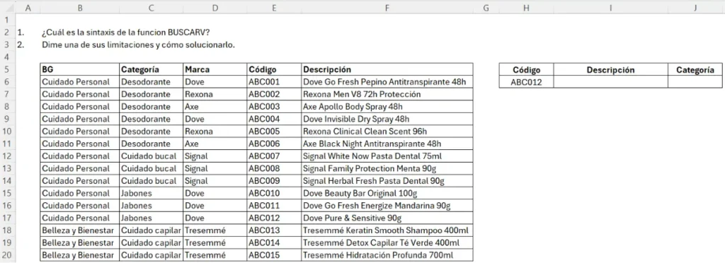 base de datos con las columnas: BG, Categoría, Marca, Código y Descripción
