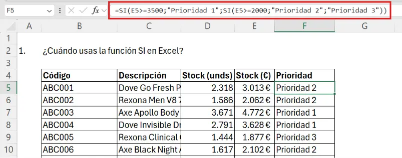 columna "Prioridad de liquidación" resuelta con la función SI anidada