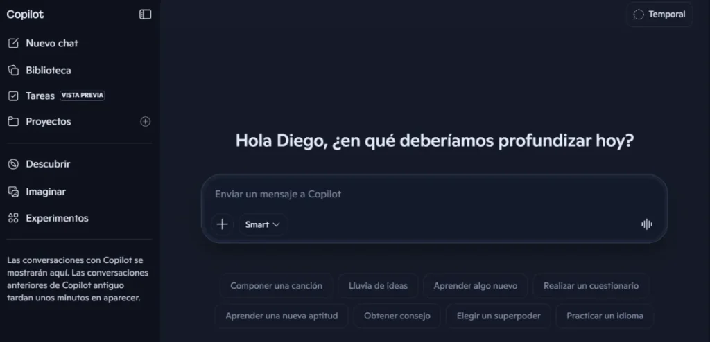 Interfaz de Copilot 2026 en su versión gratuita