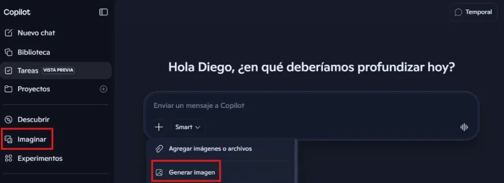 Los dos caminos para generar imágenes en Copilot: la opción Imaginar del menú lateral y el botón Generar imagen de la barra de prompts
