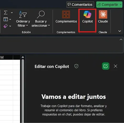 menú de herramientas del panel de Copilot en Excel con la opción Editar con Copilot activada