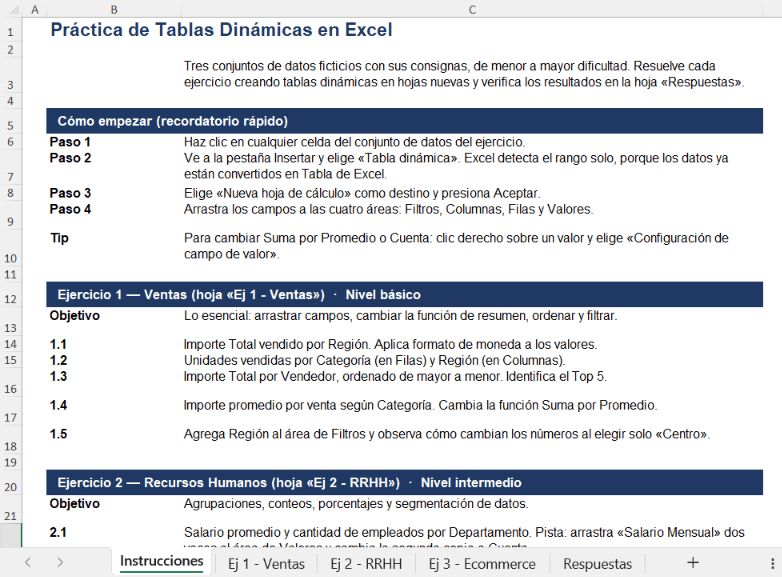 Ejercicios de tablas dinámicas generados con Claude
