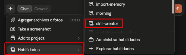 menú del botón + con la opción Habilidades y Skill Creator resaltada
