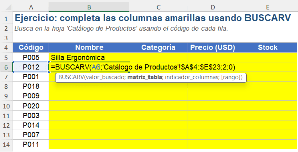 hoja Práctica con las celdas amarillas y la fórmula BUSCARV visible en la barra de fórmulas
