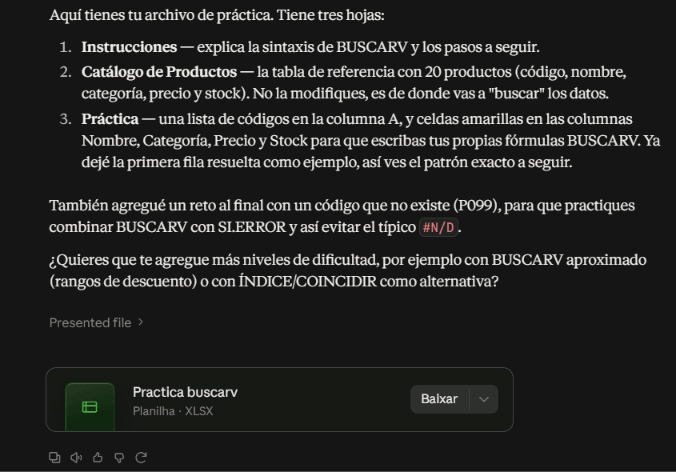 captura del chat con el pedido de práctica de BUSCARV y la respuesta describiendo las tres hojas
