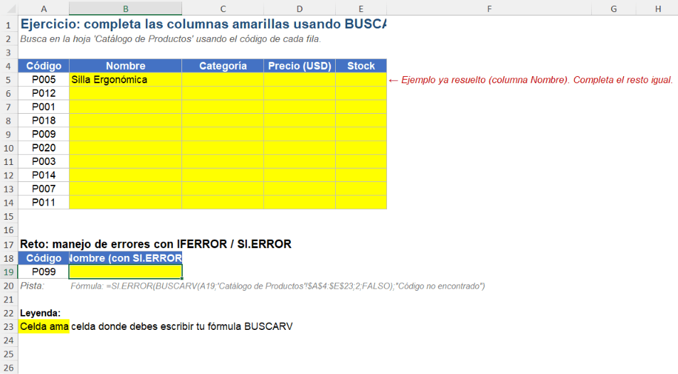 Ejercicio de BUSCARV creado con Claude: hoja de práctica con celdas amarillas y reto con SI.ERROR
