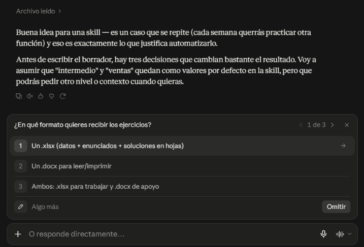 Skill Creator preguntando el formato del archivo de ejercicios de Excel