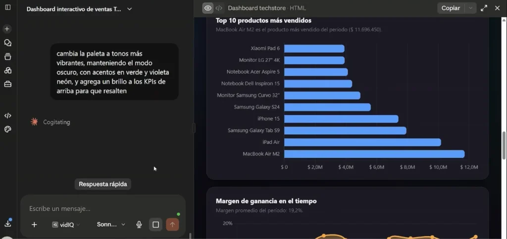 artefactos, una de las funcionalidades de Claude que muestra el resultado al lado del chat