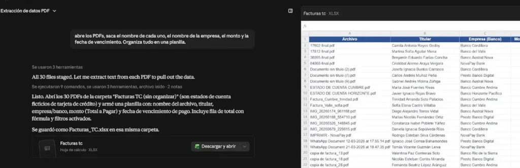 Cowork extrayendo datos de 30 facturas en PDF a una planilla, una de las funcionalidades de Claude