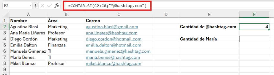 fórmula =CONTAR.SI(C2:C8;"*@hashtag.com") con el resultado 4.