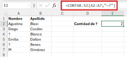 virgulilla en fórmulas de Excel para contar signos de interrogación