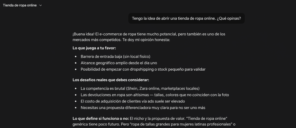 captura del prompt "¿Qué opinas?" con la respuesta complaciente de la IA